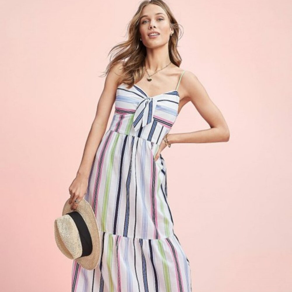 Striped Tie Front Strappy Midi Dress
